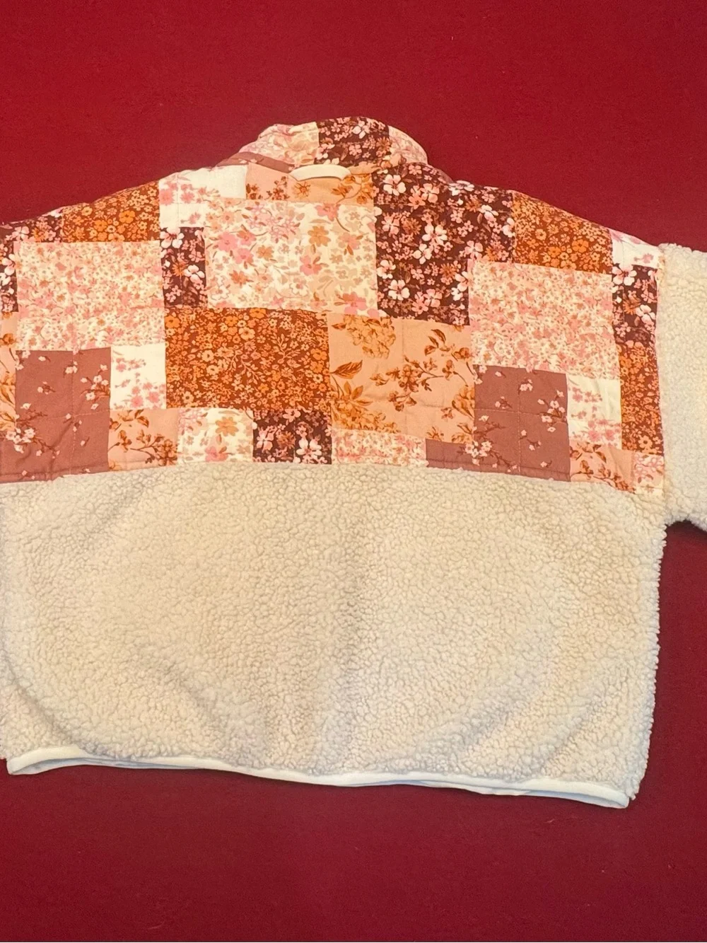 Altar'd State Pink & Cream Floral Cropped Patchwork Sherpa Jacket